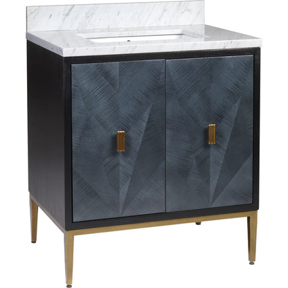 Kallista 30" Blue Vanity with Undermount Sink by Currey and Company in dark sapphire, caviar black, natural, white, antique brass. Made from sycamore veneer, mahogany veneer, carrera marble, vitreous china, iron, brass in a eclectic & 