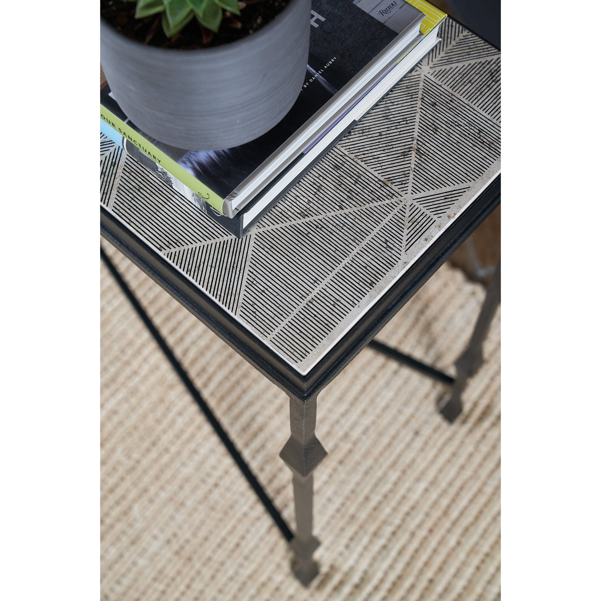 Commerce & Market Metal-Wood Console Table by Hooker Furniture in black. Made from white travertine stone, carbon steel in a transitional style.