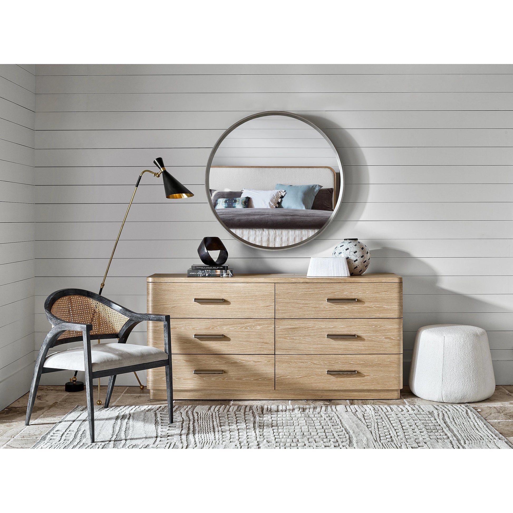 Nomad Round Mirror by Universal Furniture in champagne. Made from unique in a modern style.