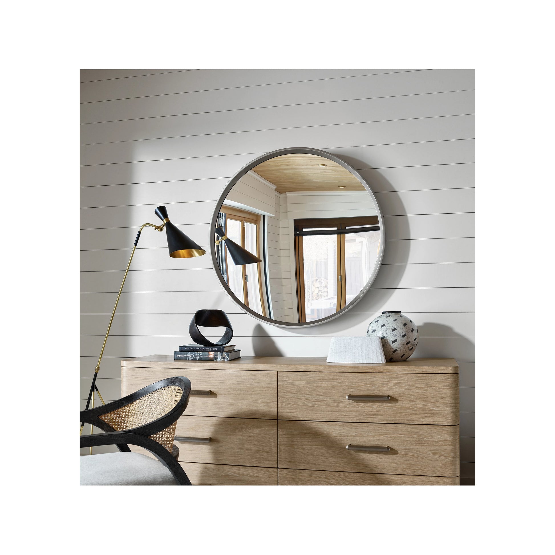 Nomad Round Mirror by Universal Furniture in champagne. Made from unique in a modern style.