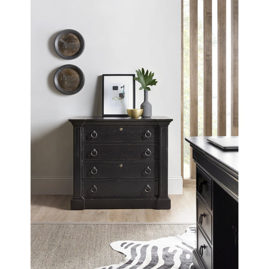 Bristowe File Cabinet by Hooker Furniture in tuxedo black. Made from pecan veneers in a unique style.