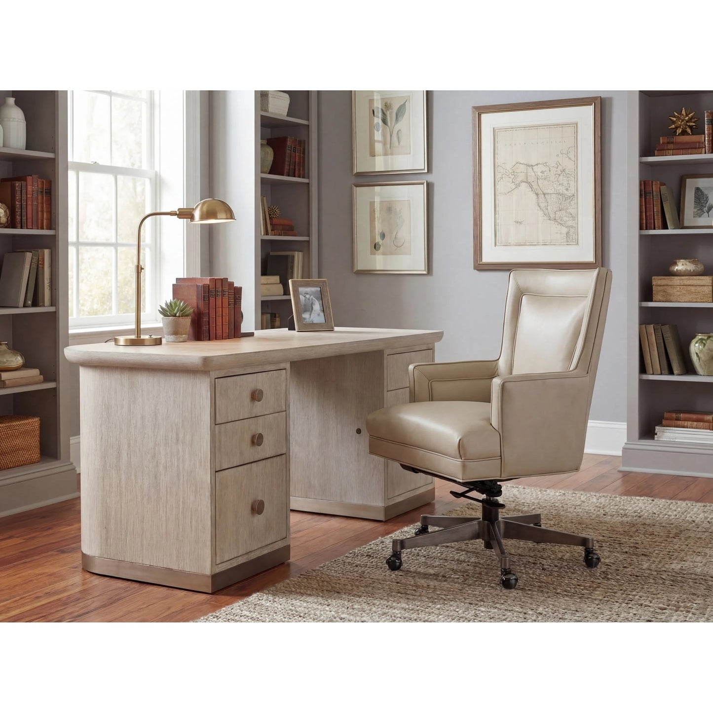 014 SI-2133622 | Lifestyle | Modern Mood Executive Desk by Hooker Furniture. Made from oak veneers, metal in a modern style.