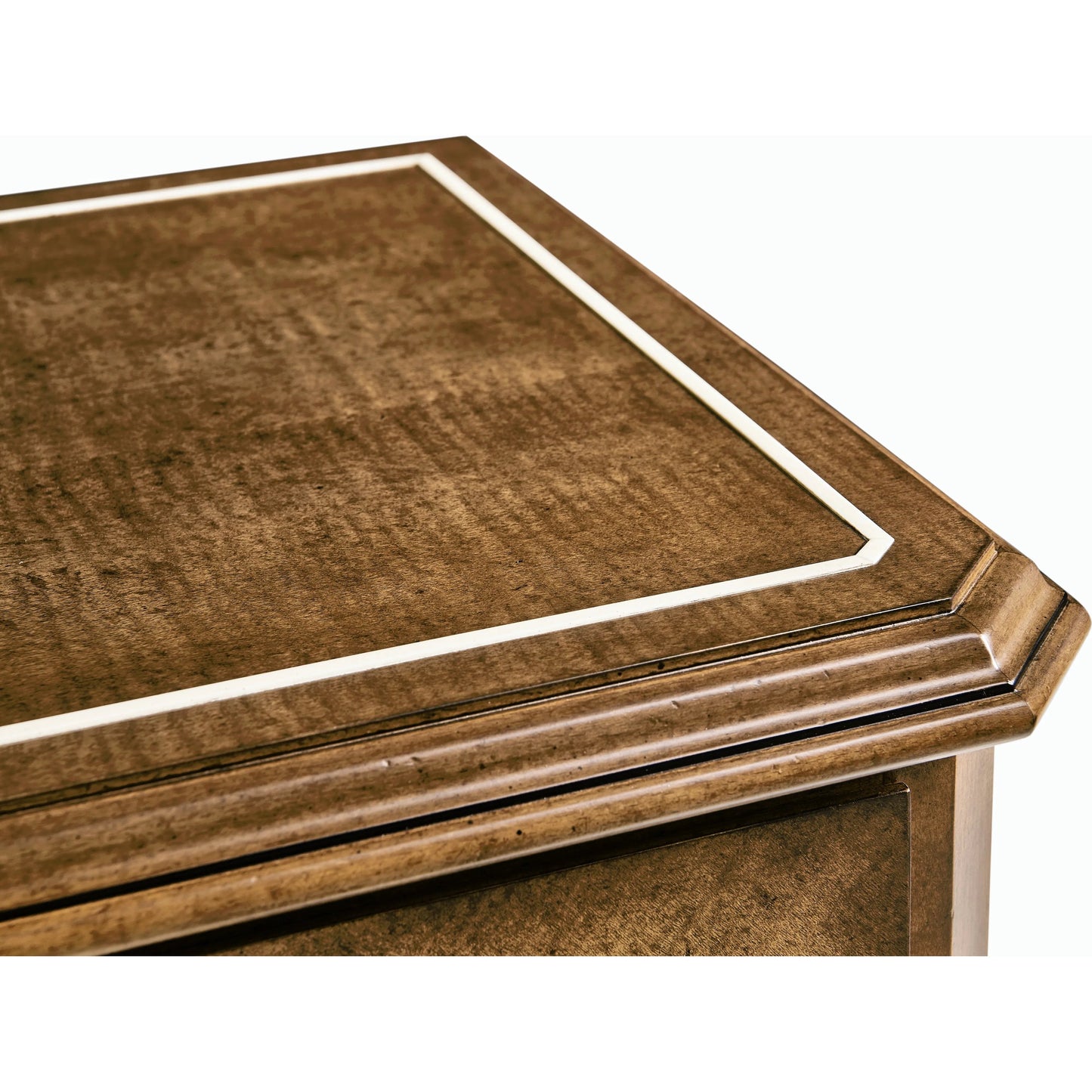 007 SI-2186337 | Closeup | Eastcote Chest of Drawers by Jonathan Charles in brown and sycamore carmel brown. Made from solid maple, sycamore quartered veneer, faux bone, metal in a modern style.