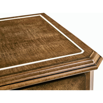 Eastcote Chest of Drawers by Jonathan Charles in brown and sycamore carmel brown. Made from solid maple, sycamore quartered veneer, faux bone, metal in a modern style.