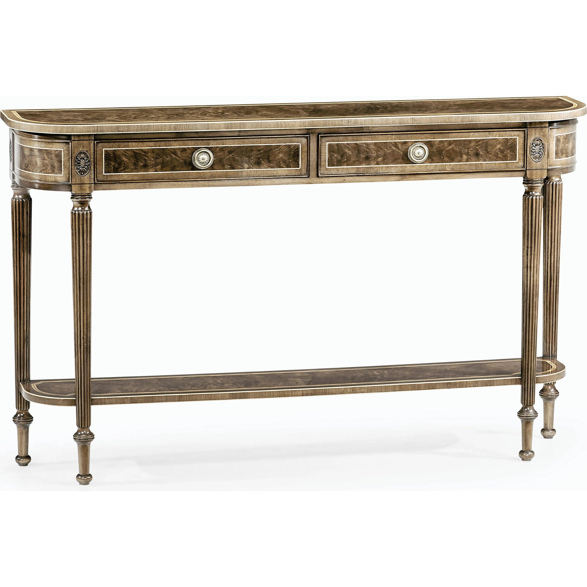 Buckingham Classic Regency Style Bleached Mahogany Console Table by Jonathan Charles in brown and bleached mahogany. Made from acacia in a traditional style.
