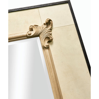 Attingham Wall Mirror by Jonathan Charles in beige and ebonized oak, parchment. Made from solid oak, parchment, glass in a modern style.