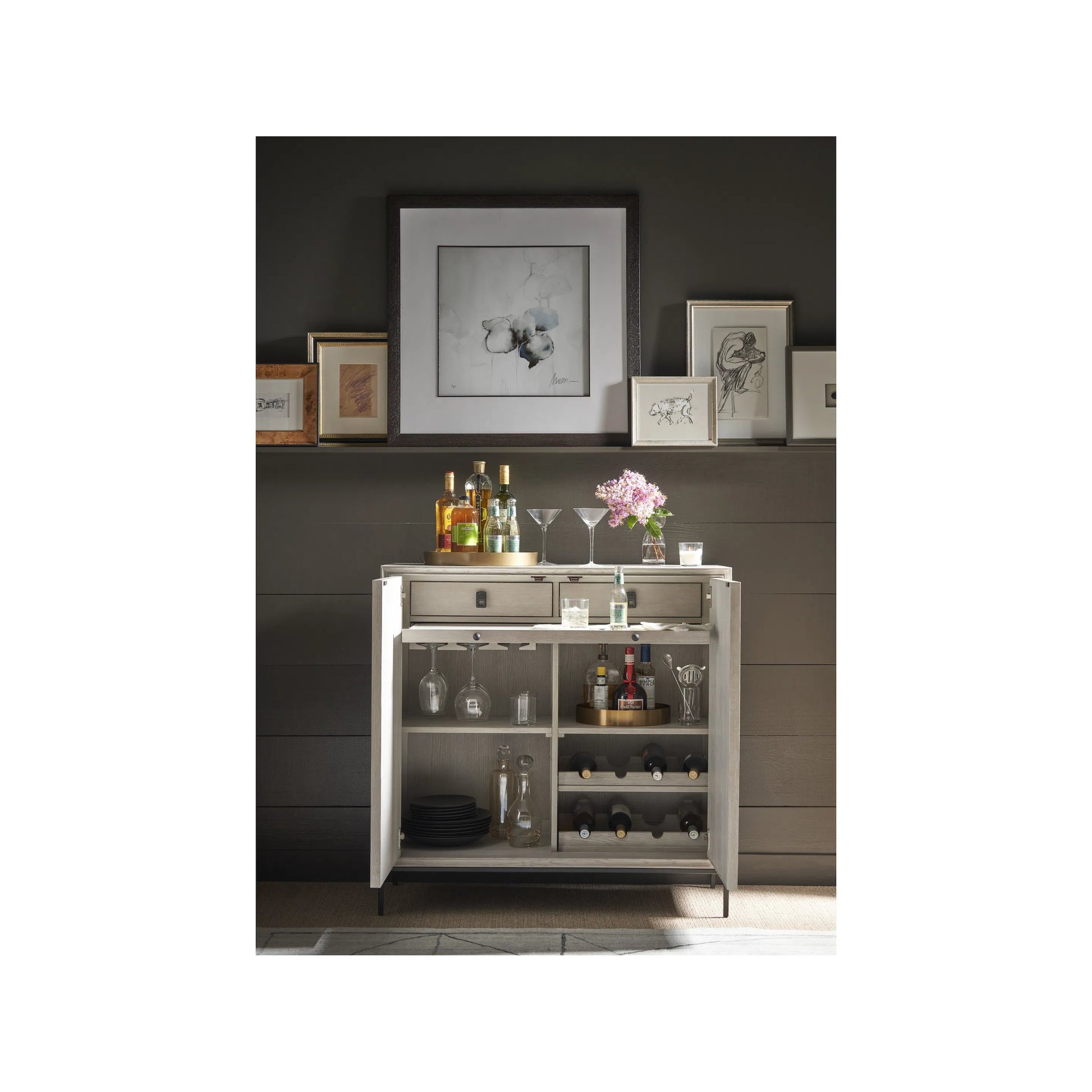 Coalesce Odessa Bar Cabinet by Universal Furniture in rolling fog, flat linen door fronts. Made from unique in a unique style.