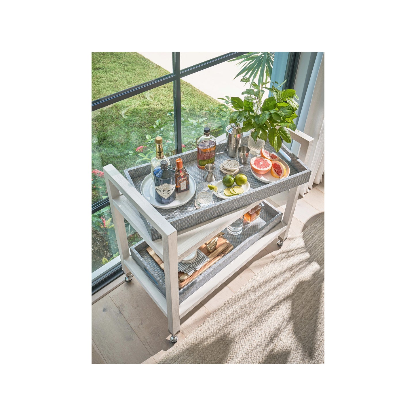 004 SI-2130241 | Lifestyle | Weekender Jupiter Bar Cart by Coastal Living by Universal Furniture in white sand, blue seagrass. Made from unique in a modern style.