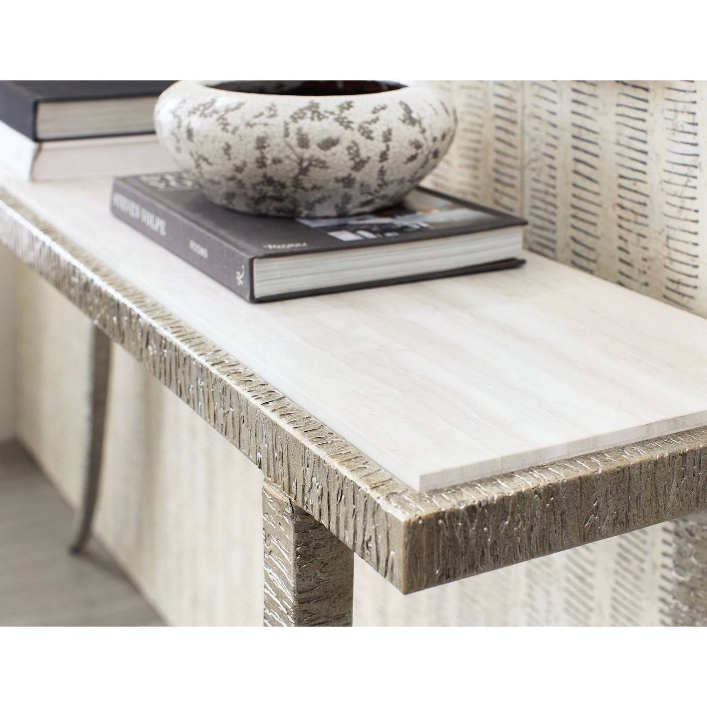 005 SI-2133604 | Lifestyle | Melange Sabre Console Table by Hooker Furniture in silver. Made from metal, marble in a modern style.