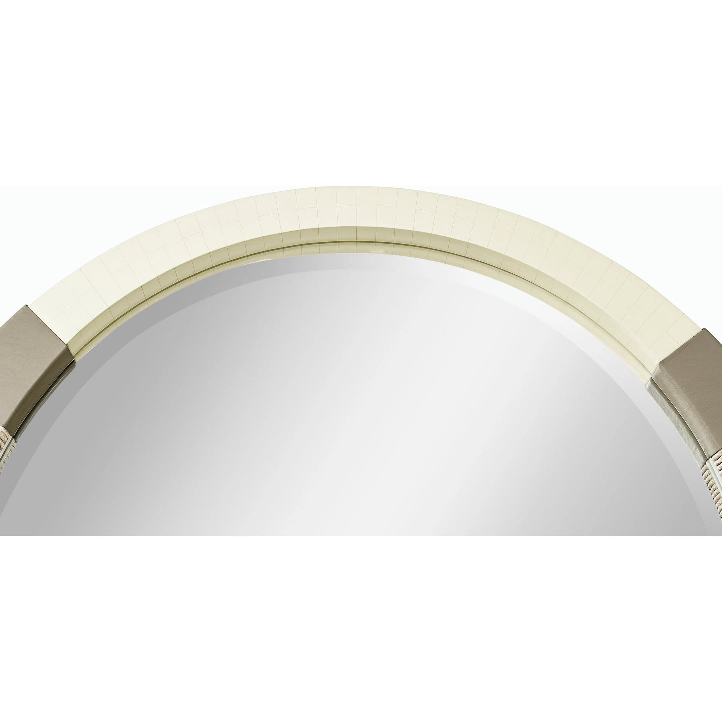 003 SI-2186245 | Closeup | Water Gyre Round Multimedia Mirror by Jonathan Charles in grasscloth, danish cord, faux bone. Made from danish cord, leather in a modern style.