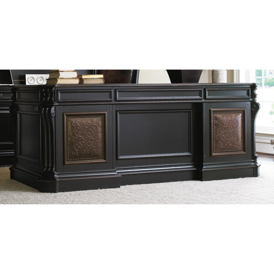 Telluride Executive Desk by Hooker Furniture in black. Made from cherry veneers with carved leather, nailhead trim, high quality bonded leather in a unique style.