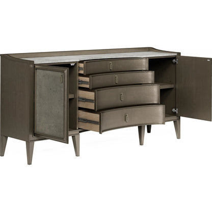 Cove Credenza by A.R.T. Furniture in grey and mica. Made from rubberwood solids, primavera veneer, stone, metal, cork in a transitional style.