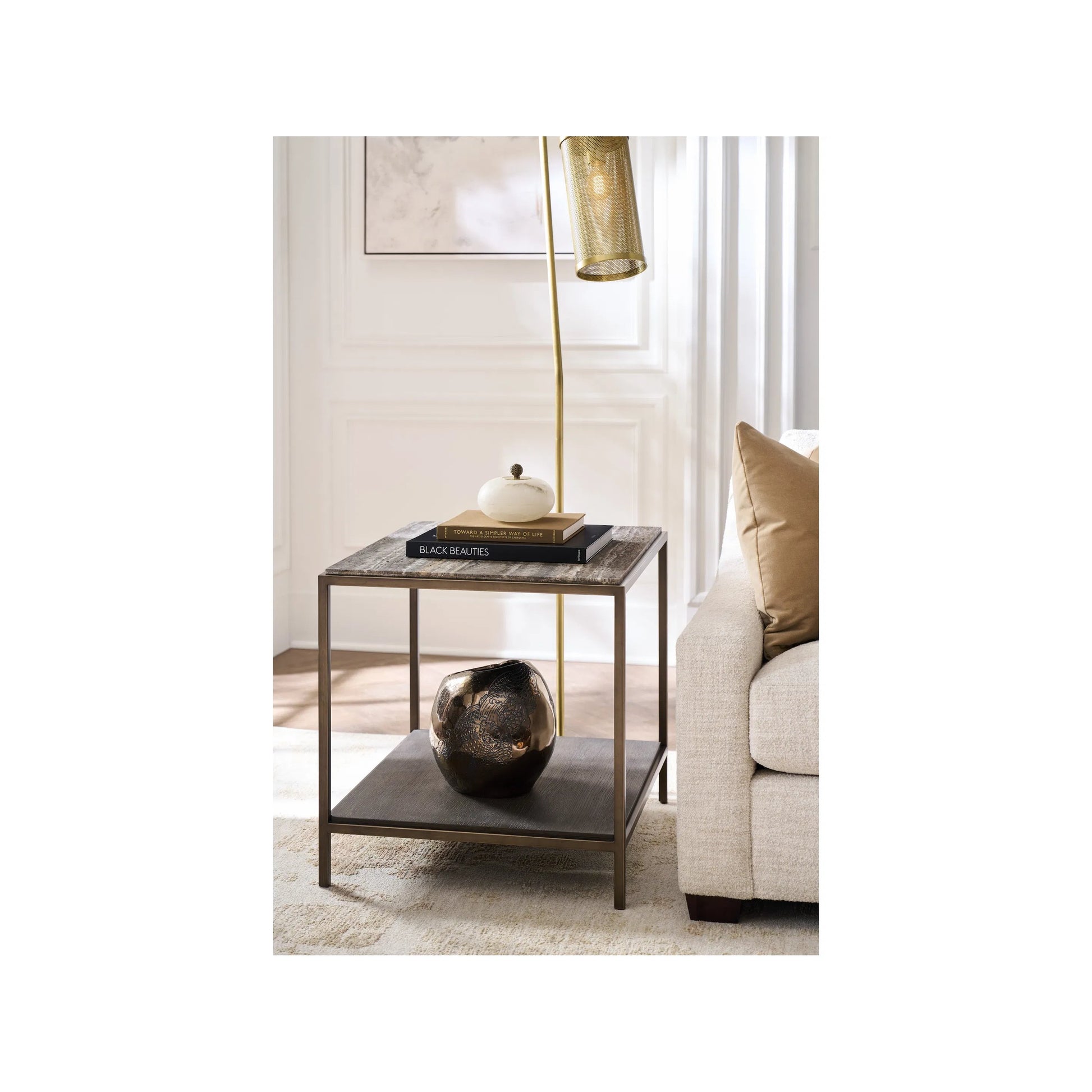 Montclair Brindle End Table by Universal Furniture in smoked gold, travertine. Made from unique in a transitional style.