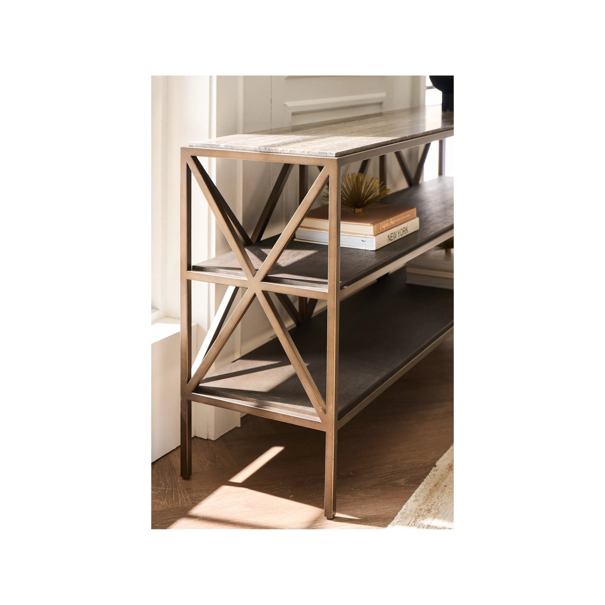 Montclair Brindle Console by Universal Furniture in smoked gold, travertine. Made from unique in a transitional style.