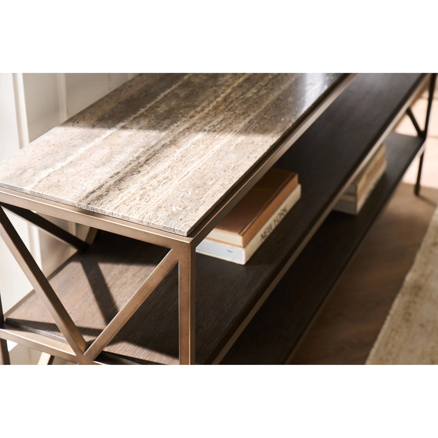 003 SI-2473007 | Closeup | Montclair Brindle Console by Universal Furniture in smoked gold, travertine. Made from unique in a transitional style.