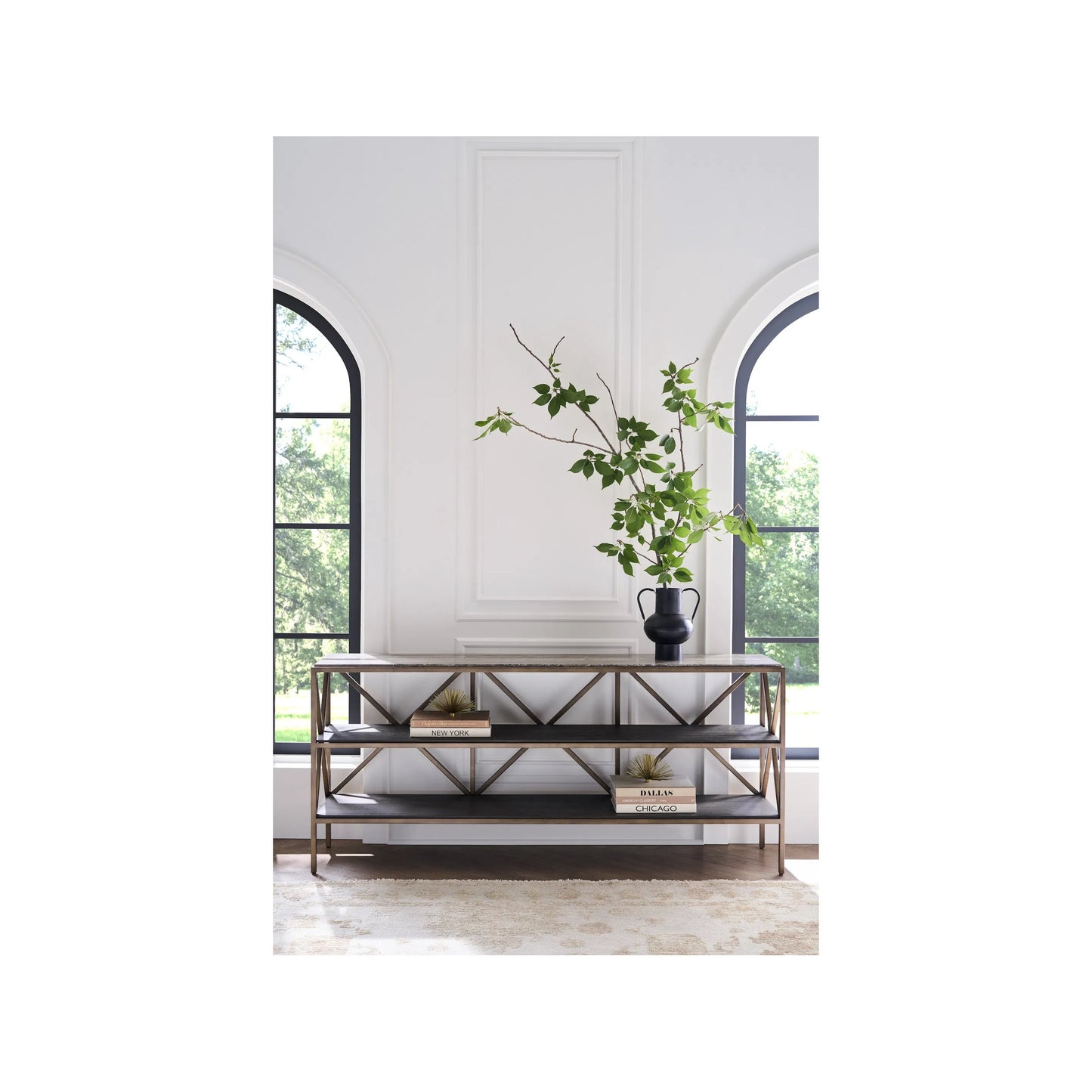 004 SI-2473007 | Lifestyle | Montclair Brindle Console by Universal Furniture in smoked gold, travertine. Made from unique in a transitional style.