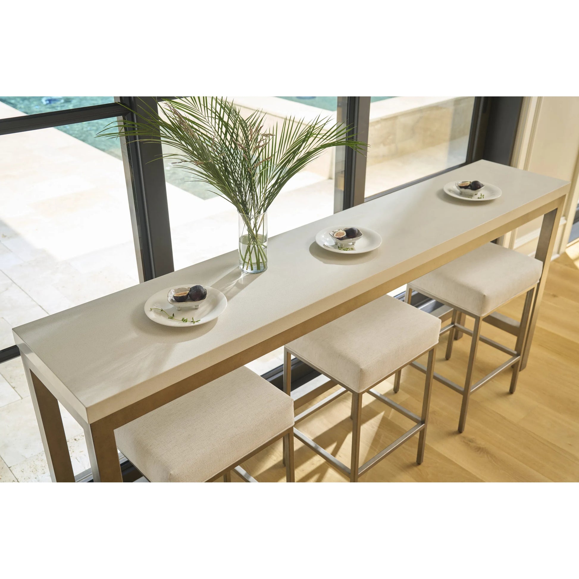 Oasis Console with Stools by Coastal Living by Universal Furniture in antique nickel. Made from 92% polyester, 8% linen in a transitional style.