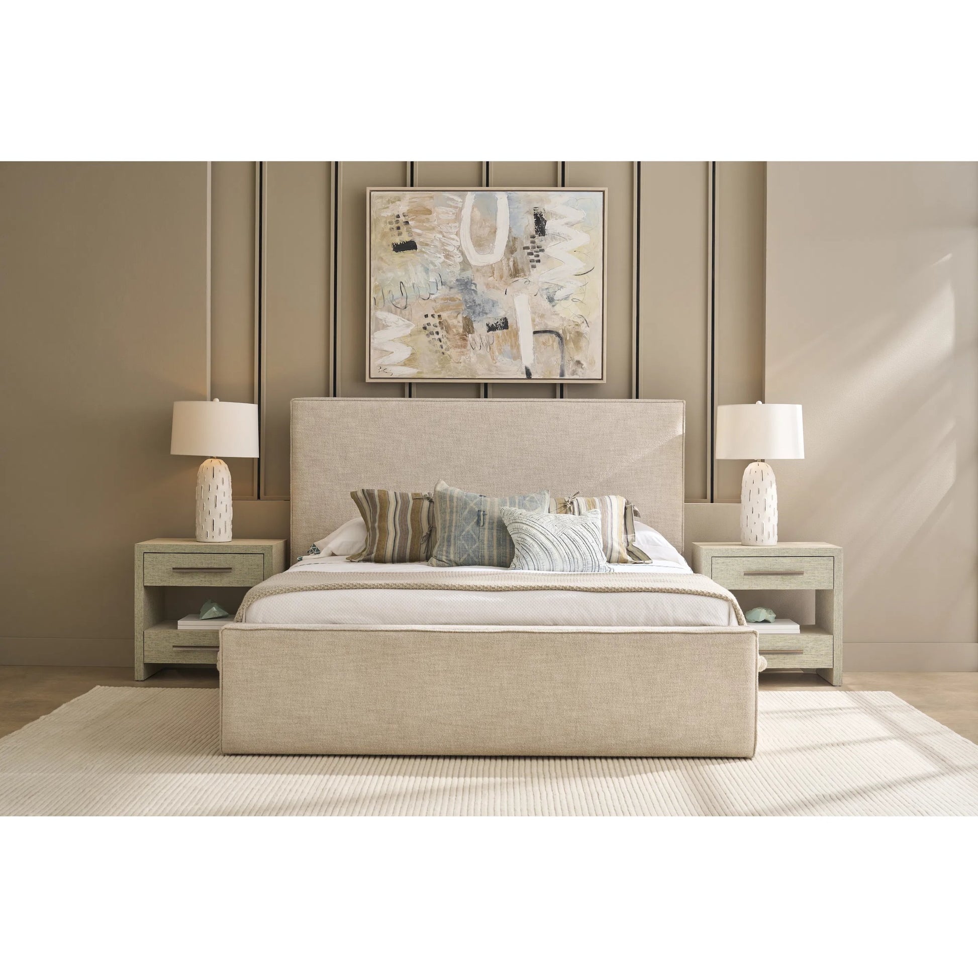 Oasis Drift Upholstered Bed by Coastal Living by Universal Furniture in natural oak. Made from 96% polyester, 4% acrylic in a transitional style.