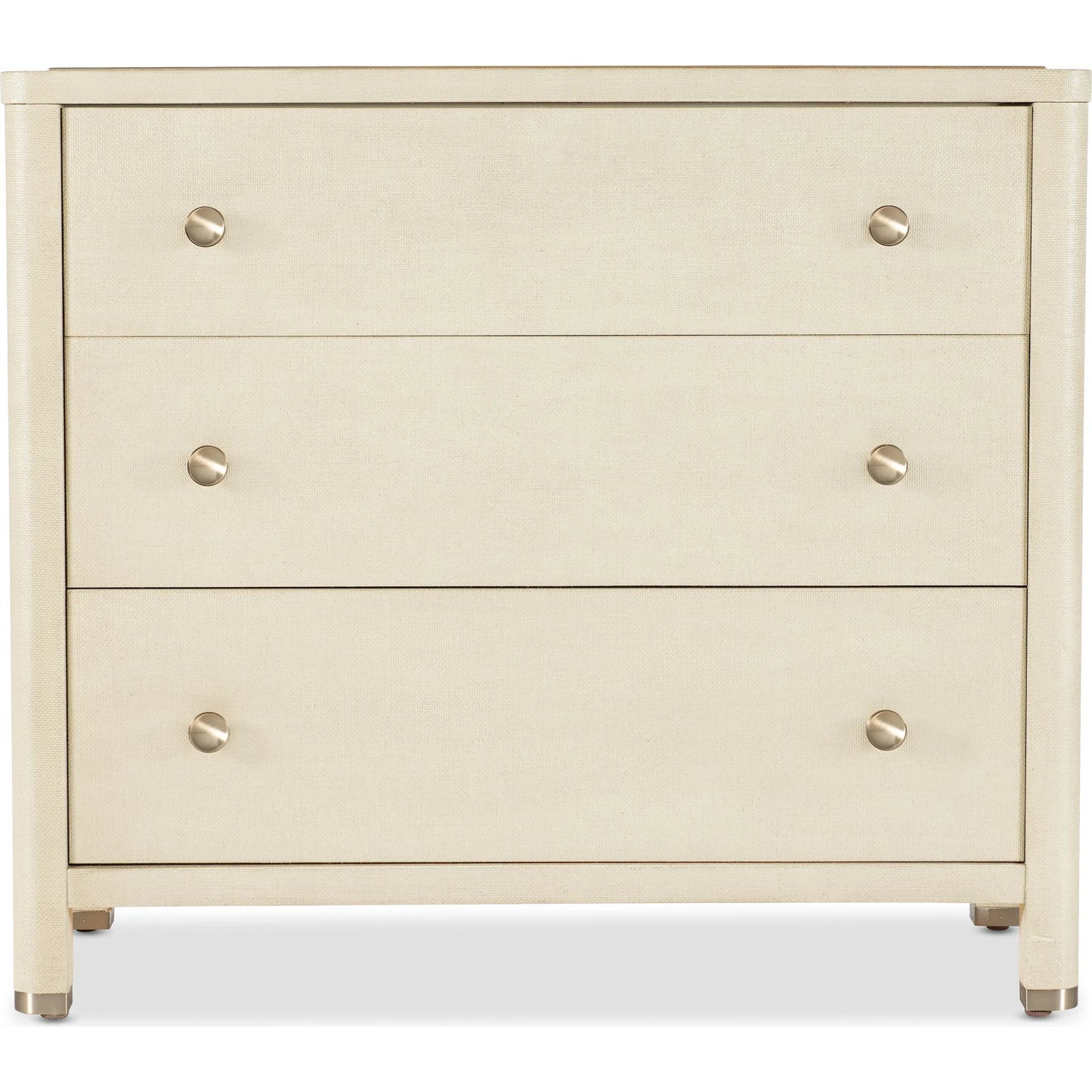 002 SI-2353933 | Additional Silo | Archives Raffia Three-Drawer Chest by Hooker Furniture in flax. Made from oak veneers, raffia, cedar, metal caps in a transitional style.