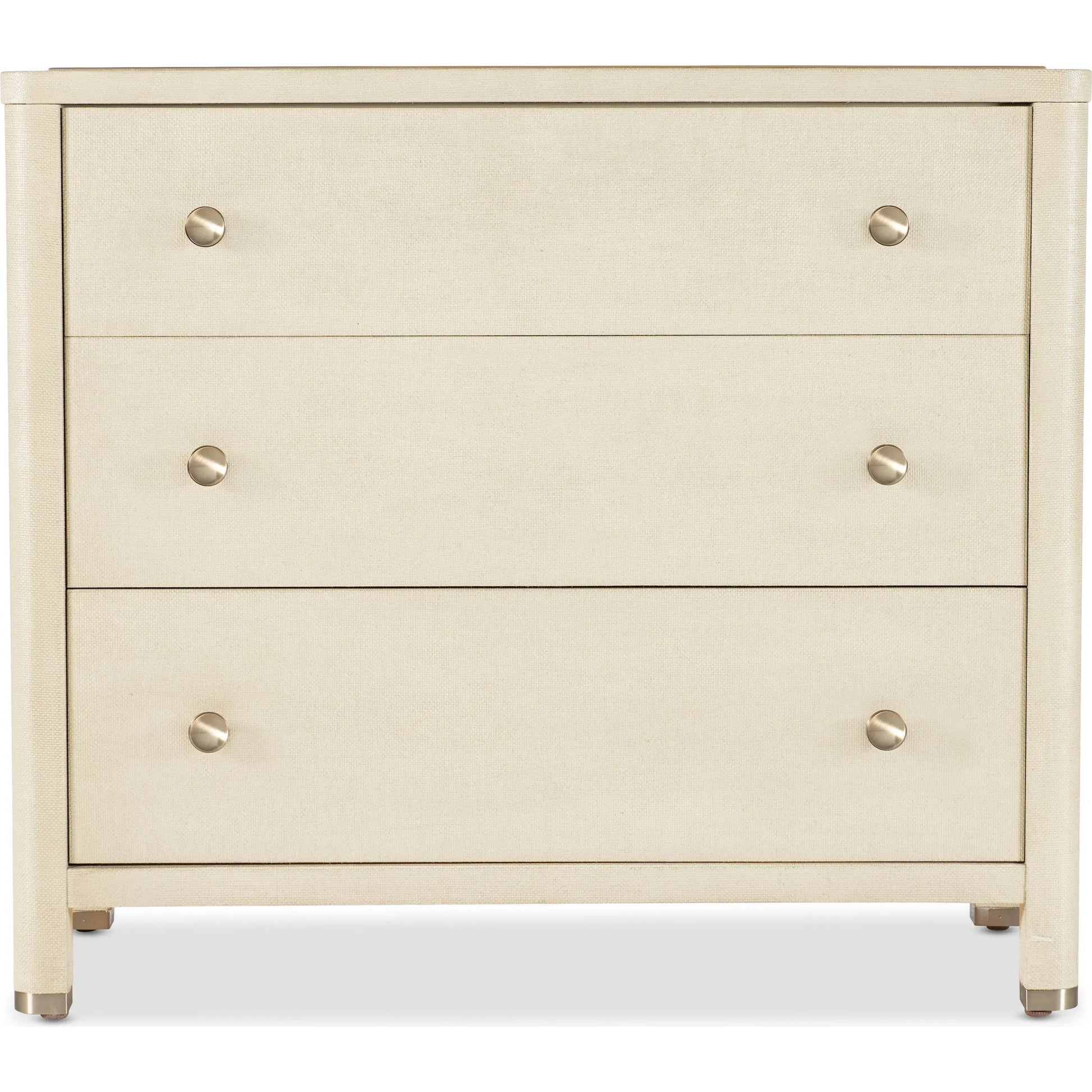 Archives Raffia Three-Drawer Chest by Hooker Furniture in flax. Made from oak veneers, raffia, cedar, metal caps in a transitional style.