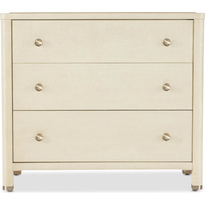 Archives Raffia Three-Drawer Chest by Hooker Furniture in flax. Made from oak veneers, raffia, cedar, metal caps in a transitional style.
