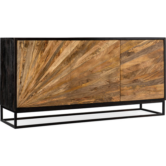 Commerce & Market Entertainment Console by Hooker Furniture in black, medium natural wood. Made from mango solids, iron in a modern style.