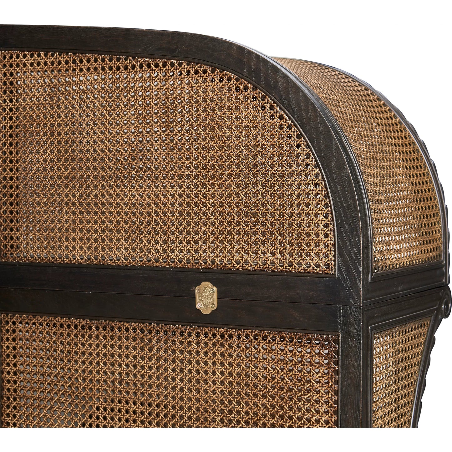 005 SI-2334502 | Closeup | Tangiers Shelter Bed by Jonathan Charles in brown, black and ebonized oak. Made from oak solids, natural cane, flat-cut oak veneers in a rustic style.