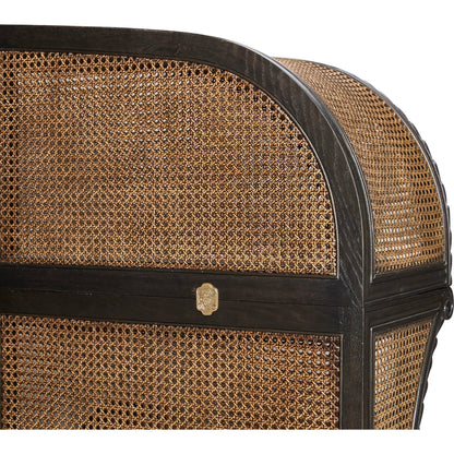 Tangiers Shelter Bed by Jonathan Charles in brown, black and ebonized oak. Made from oak solids, natural cane, flat-cut oak veneers in a rustic style.