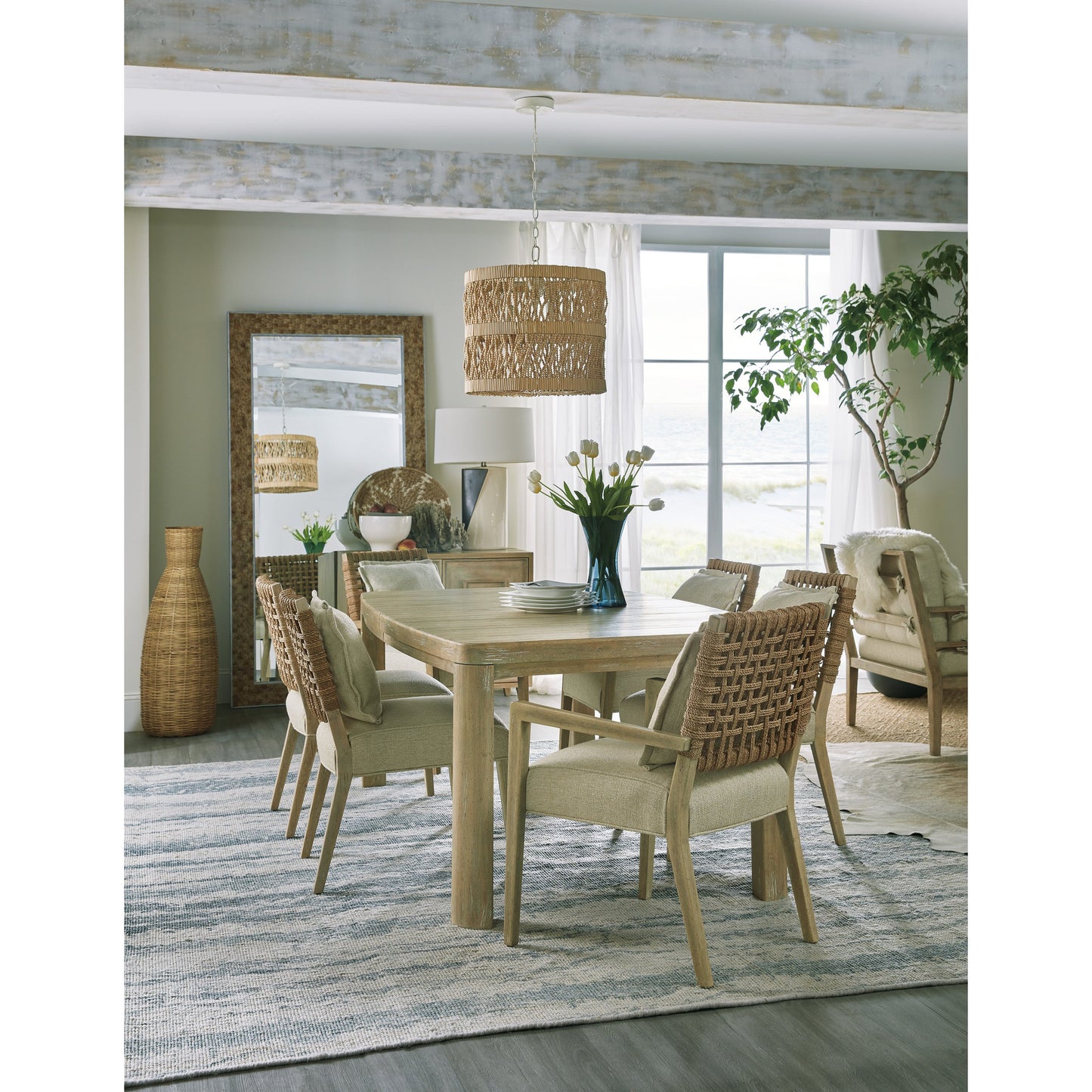 006 SI-1749861 | Lifestyle | Surfrider Rectangular Dining Table by Hooker Furniture in driftwood. Made from pecan veneers with solid-wood edge top in a cottage & farmhouse style.