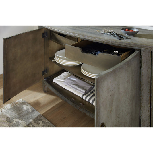 Ciao Bella Buffet by Hooker Furniture in speckled gray. Made from maple veneers, felt panel, silverware tray, solid-wood edge top in a traditional style.