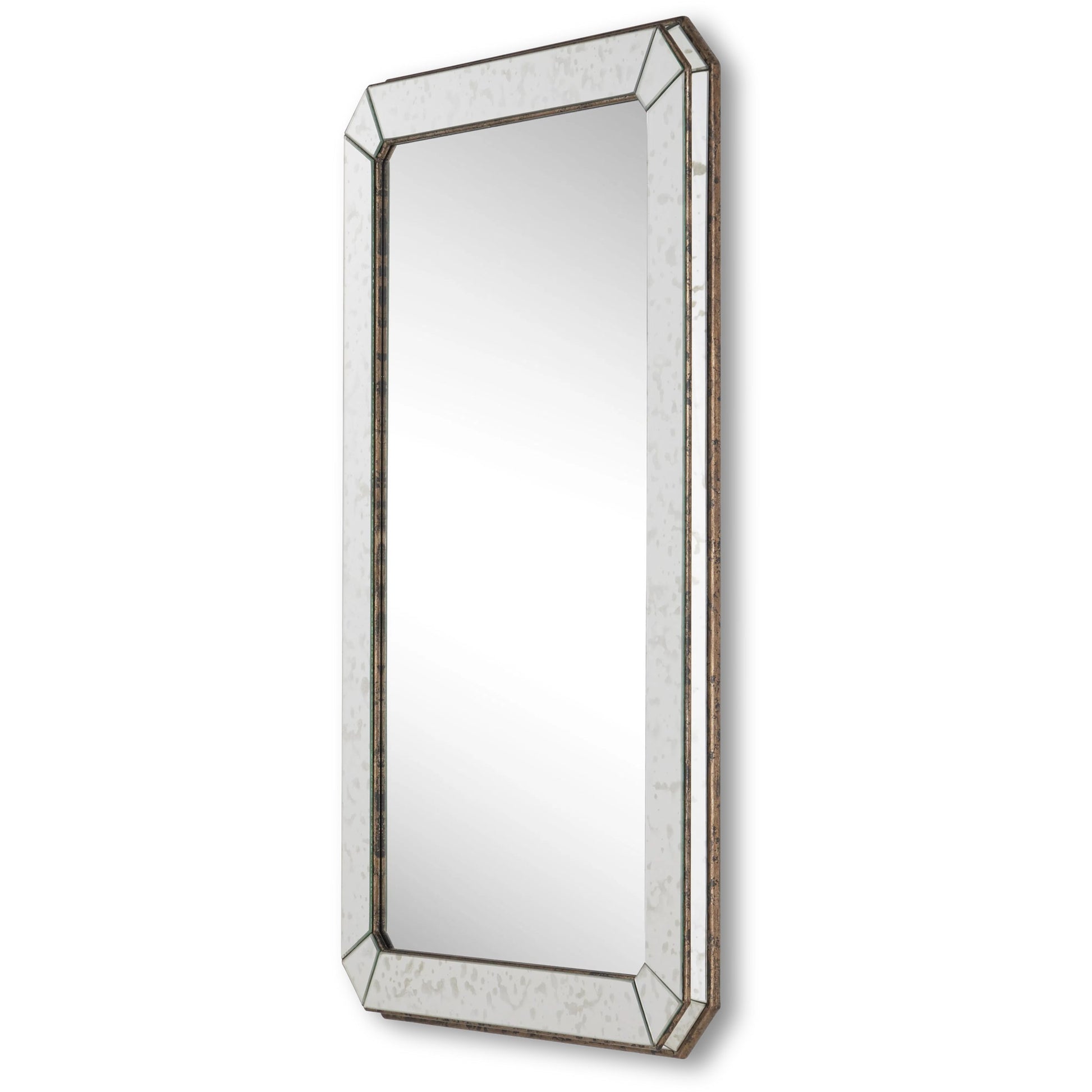 Antiqued Wall Mirror by Currey and Company in antique mirror. Made from wood, mirror in a traditional style.