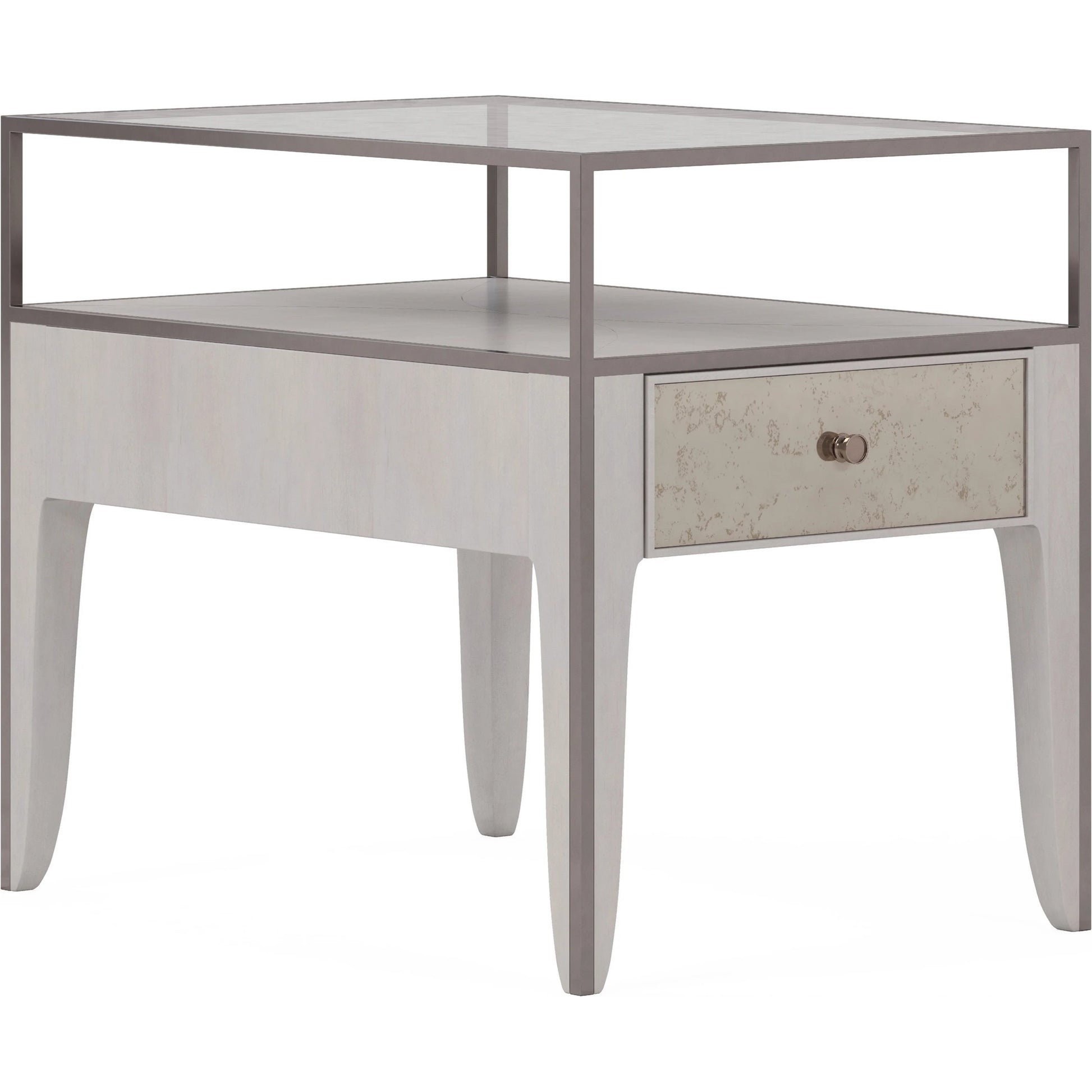 Mezzanine End Table by A.R.T. Furniture in dove gray. Made from parawood, poplar solids, maple veneer, mirror, glass, steel in a modern style.