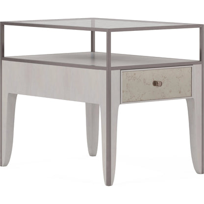 Mezzanine End Table by A.R.T. Furniture in dove gray. Made from parawood, poplar solids, maple veneer, mirror, glass, steel in a modern style.