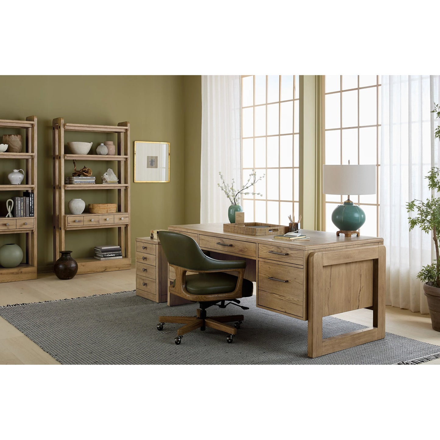 004 SI-2353900 | Lifestyle | Kalamazoo Bookcase by Hooker Furniture in medium wood and aged oak. Made from white oak veneers in a transitional style.