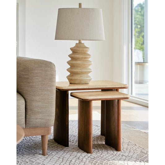 Aluna End Table by Surya in top: cream, base: wood and lacquerednaturalnatural. Made from travertine, acacia, manufactured wood in a modern style.