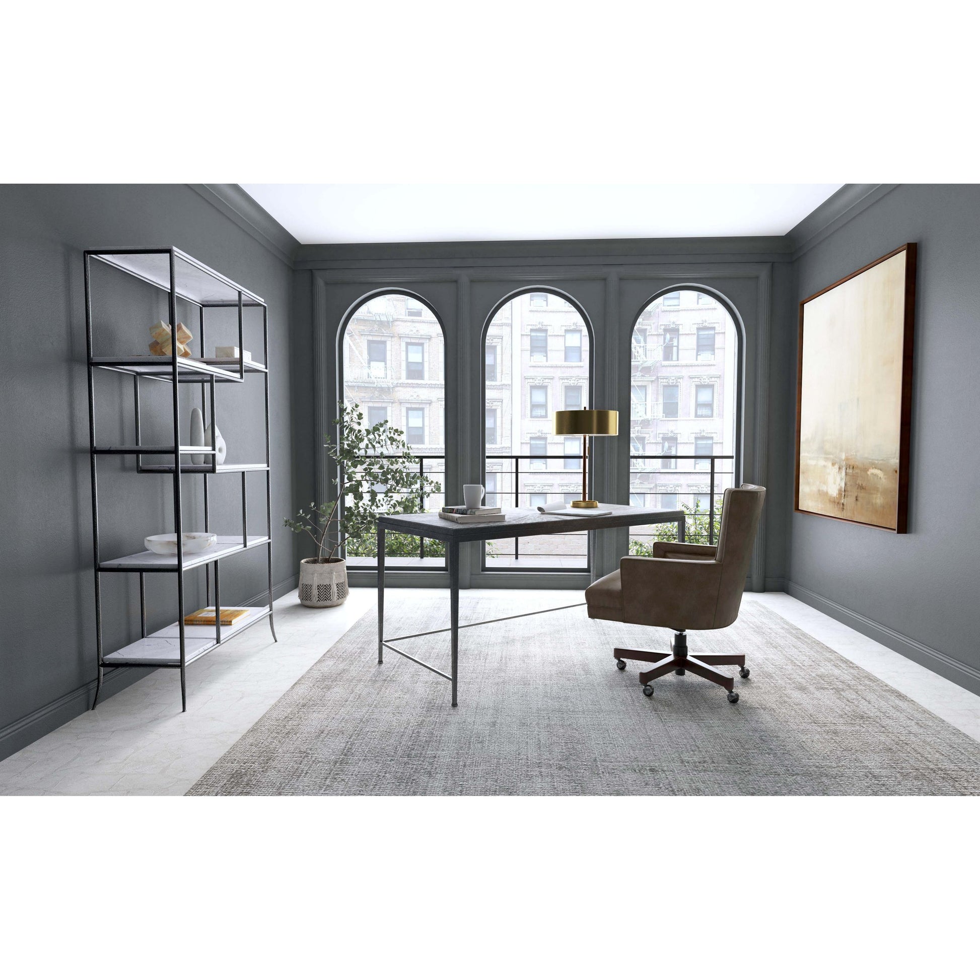Commerce & Market Bookcase by Hooker Furniture in blue. Made from carbon steel, blue forest stone in a transitional style.