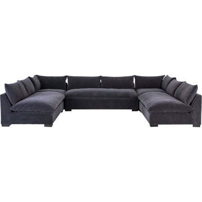 Grant 5-PC Sectional by Four Hands in ashby oatmeal and espresso. Made from 72% polyester, 18% pre-combed cotton, 10% cotton, solid banak, solid pine in a modern style.