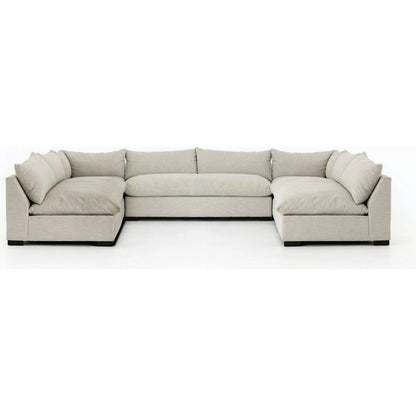 Grant 5-PC Sectional by Four Hands in ashby oatmeal and espresso. Made from 72% polyester, 18% pre-combed cotton, 10% cotton, solid banak, solid pine in a modern style.