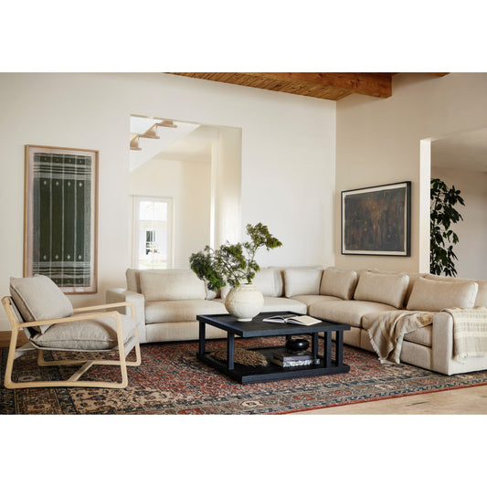 Bloor 5-Piece Sectional by Four Hands in essence natural. Made from 49% viscose (rayon), 22% flax, linen, 18% polyester, 11% cotton, solid pine, 50% fiber, 50% down in a modern style.