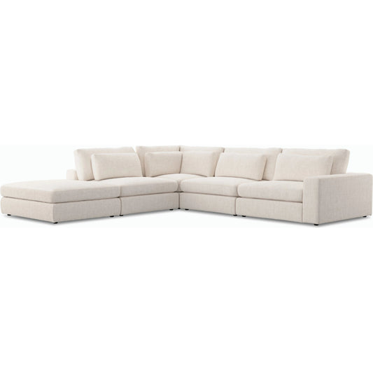Bloor 4 Piece Sectional with Ottoman by Four Hands in essence natural. Made from 49% viscose (rayon), 22% flax, linen, 18% polyester, 11% cotton, solid pine, 50% fiber, 50% down in a modern style.