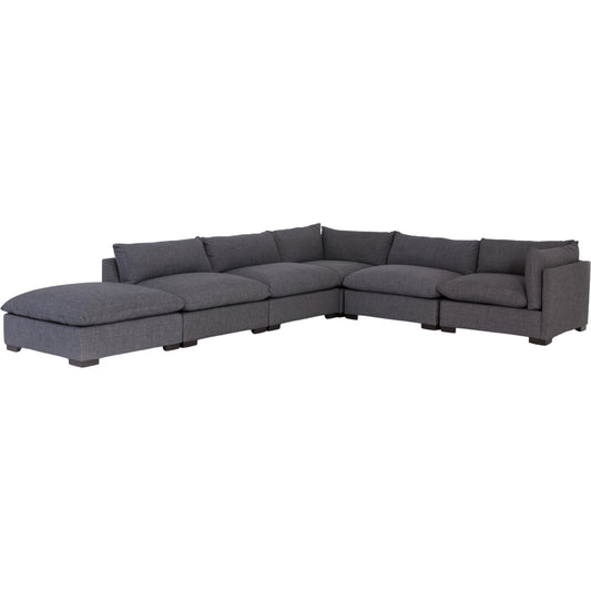 Westwood 5 Piece Sectional with Ottoman by Four Hands in espresso, bennett charcoal and bennett charcoal. Made from 100% polyester, solid banak, solid pine in a modern style.
