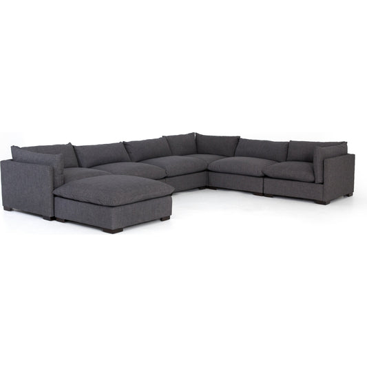 Westwood 6-PC Sectional with Ottoman by Four Hands in bennett charcoal. Made from 100% polyester, solid banak, solid pine in a transitional style.