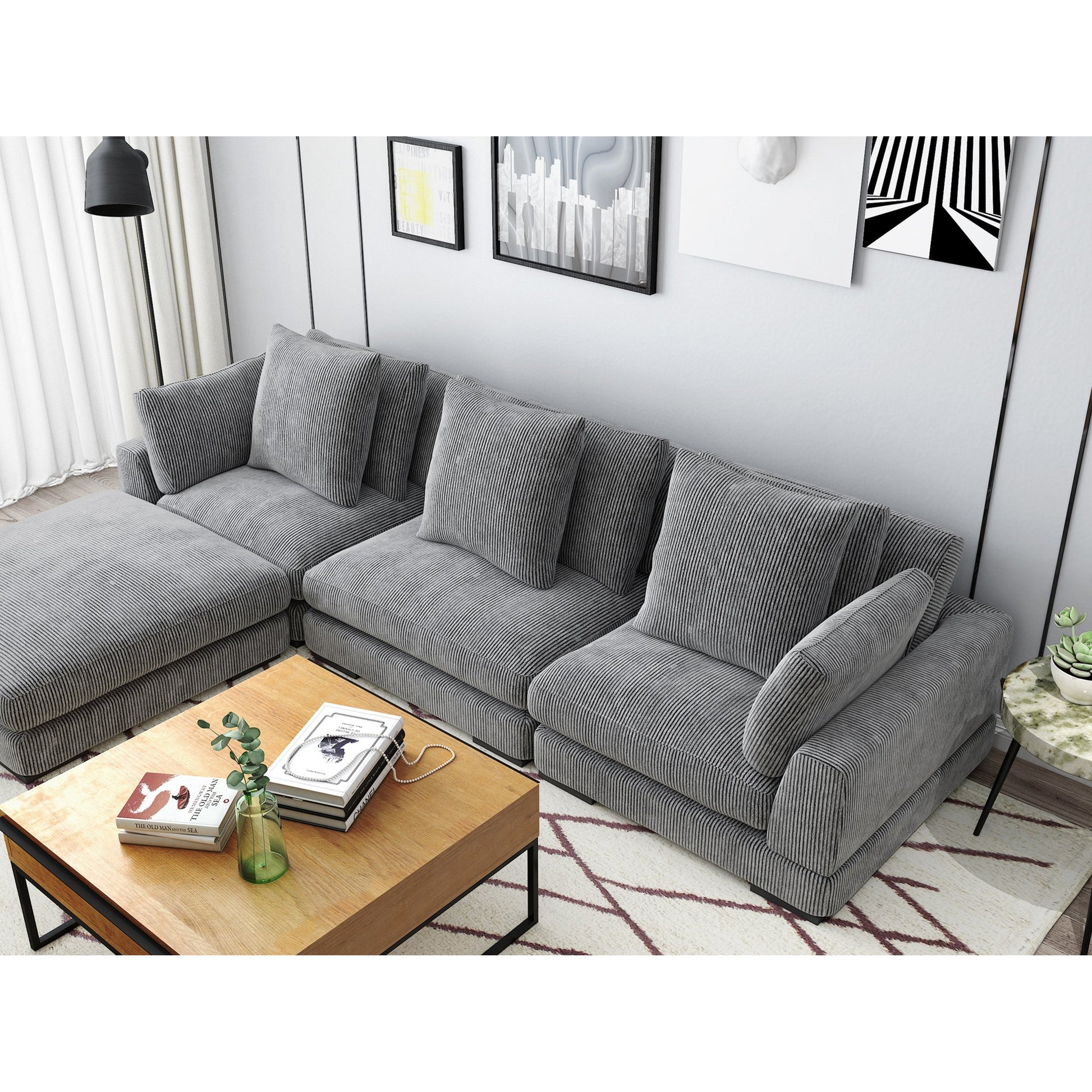 Tumble Corner by Moe's Home Collection in dark gray. Made from upholstery: 100% polyester, solid eucalyptus wood frame, plywood, upholstery foam in a modern style.