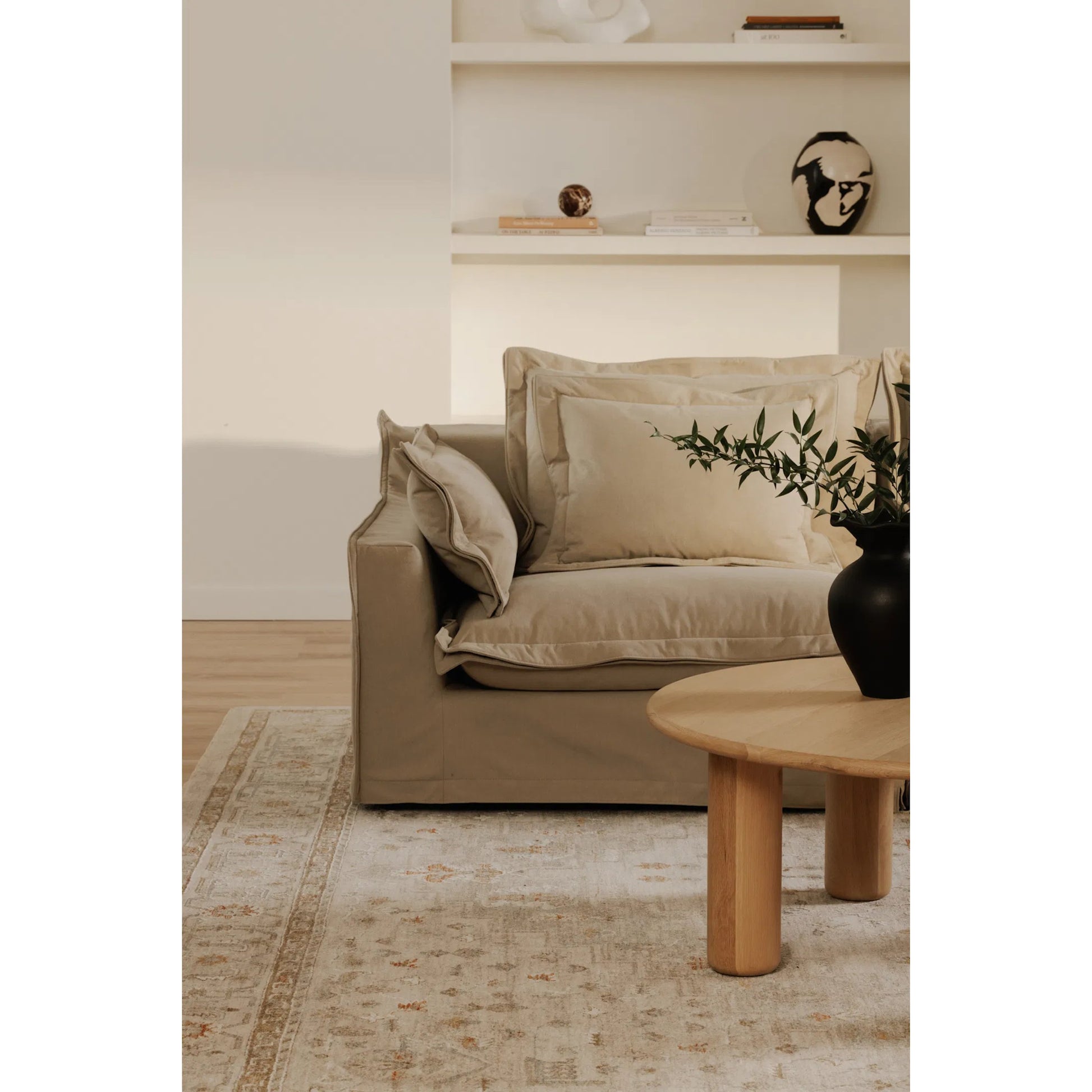 Olivia Arm Facing Chair Performance Fabric by Moe's Home Collection in sand. Made from upholstery: 98.5% polyester, 1.5% nylon performance fabric, solid wood, plywood frame, springs, webbing support, feather, foam in a transitional sty