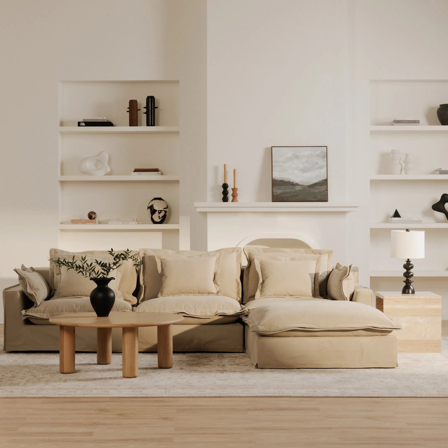 013 SI-2253912 | Lifestyle | Olivia Arm Facing Chair Performance Fabric by Moe's Home Collection in sand. Made from upholstery: 98.5% polyester, 1.5% nylon performance fabric, solid wood, plywood frame, springs, webbing support, feather, foam in a transiti