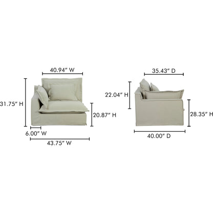 Olivia Arm Facing Chair Performance Fabric by Moe's Home Collection in sand. Made from upholstery: 98.5% polyester, 1.5% nylon performance fabric, solid wood, plywood frame, springs, webbing support, feather, foam in a transitional sty