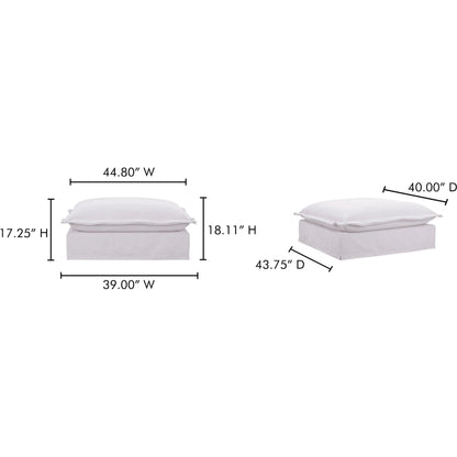 Olivia Ottoman Performance Fabric by Moe's Home Collection in white. Made from upholstery: 98.5% polyester, 1.5% nylon performance fabric, solid wood, plywood frame, springs, webbing support, feather, foam in a transitional style.