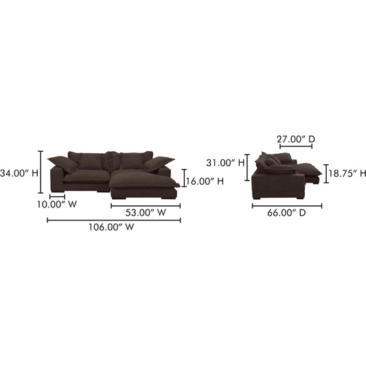 Daydream Sectional Performance Fabric by Moe's Home Collection in dark brown. Made from upholstery: 100% polyester with c0 performance treatment, solid eucalyptus, plywood frame, rubber wood feet, springs, webbing support, high