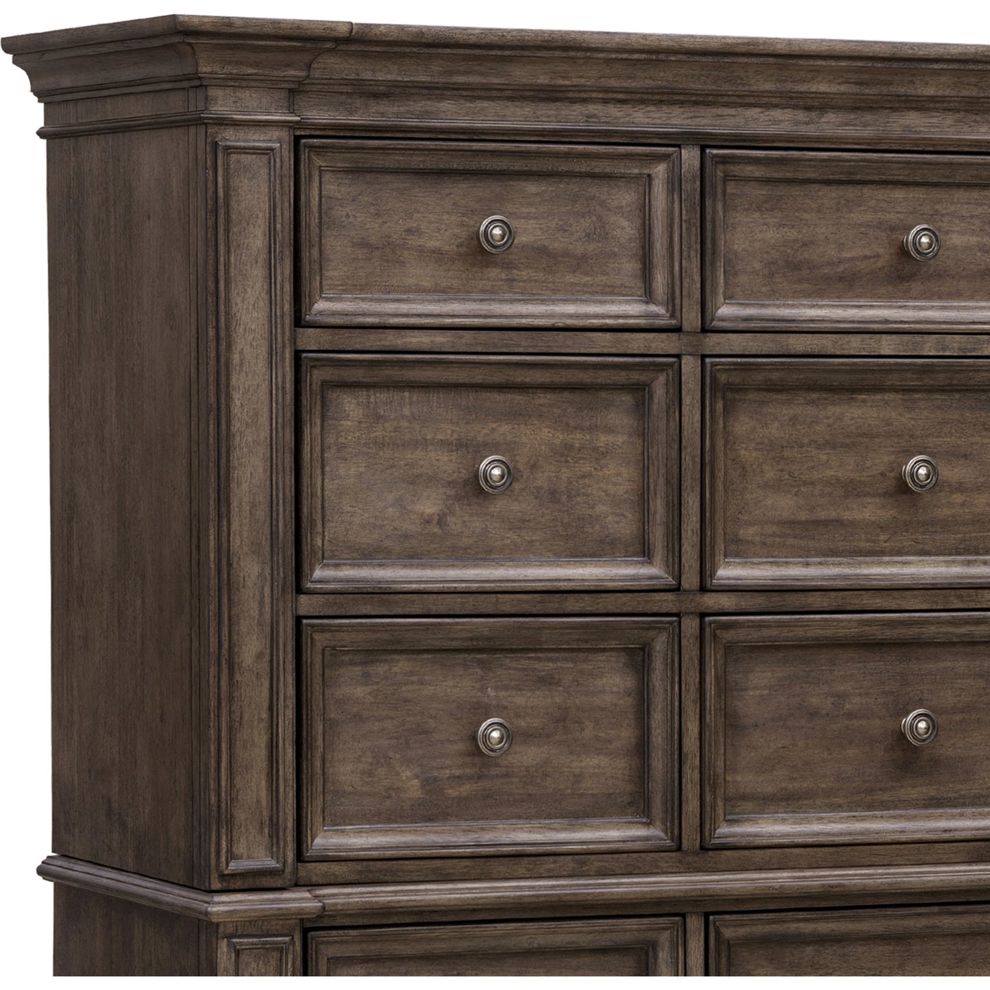 005 SI-2143486 | Closeup | Woodbury 15-Drawer Master Chest by Pulaski Furniture in cowboy boots brown. Made from rubberwood in a traditional style.