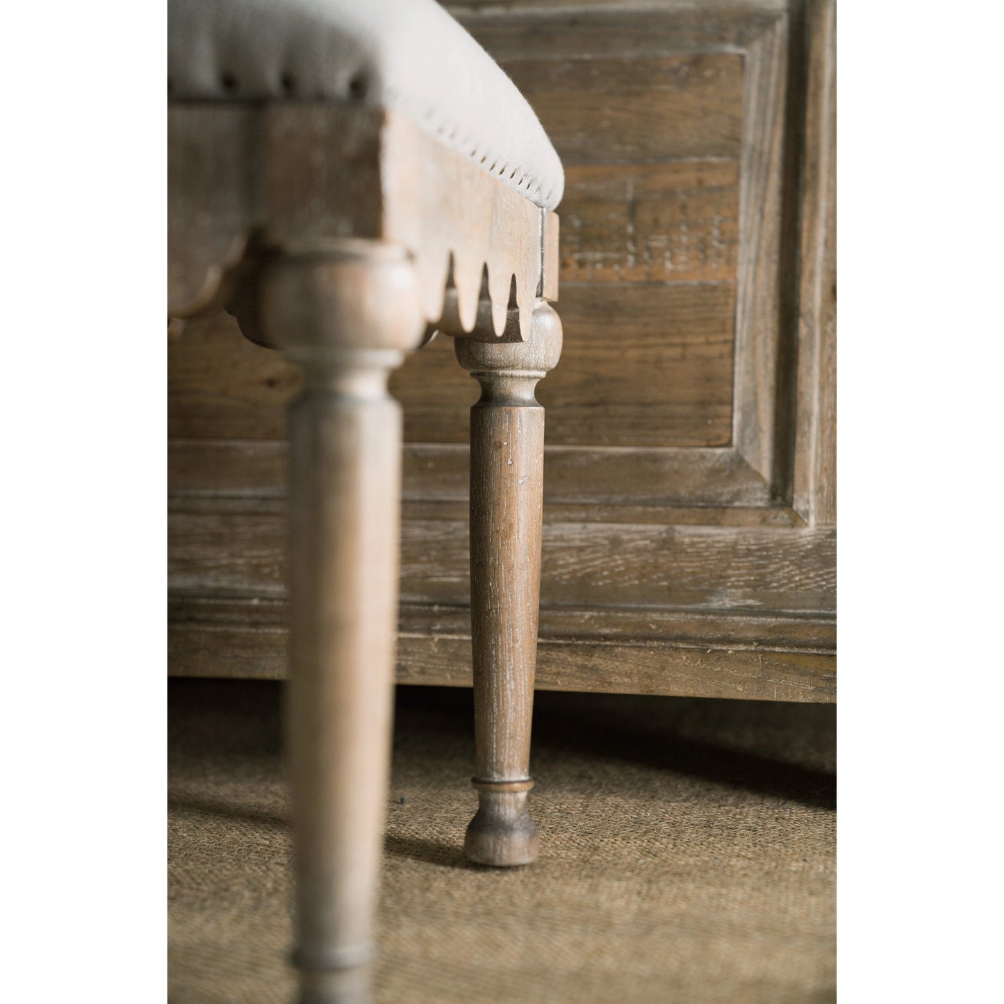 009 SI-1748447 | Closeup | Madera Bed Bench by Hooker Furniture in grey and light brown, soft gray. Made from fabric in a traditional style.